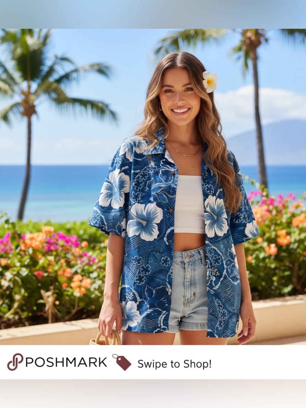 Box Office Island Hawaiian Floral Button Up Shirt Blue White Men’s Large